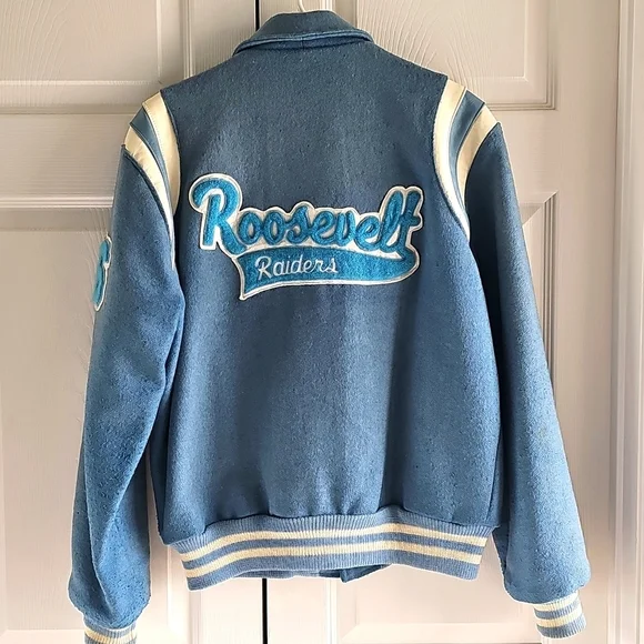Vintage Butwin Wool Varsity High School Jacket Light Blue & White + Pins Dan